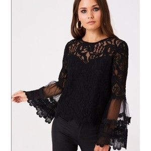 Little Mistress London Carnation black lace flute bell sleeve top size 2